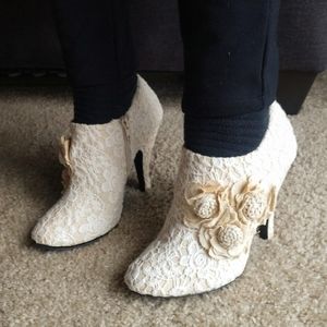 Mojo Moxy Cream Lace Floral High Heel Booties with Rosette Detail